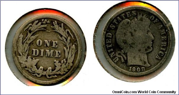 1908
1 Dime
Value in wreath
Liberty head