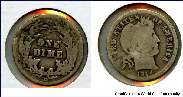 1914d
1 Dime
Value in wreath
Liberty head
