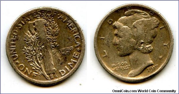 1917
1 Dime
Fasces entwined with olive branch
Liberty wearing a winged pileum  (Mercury)