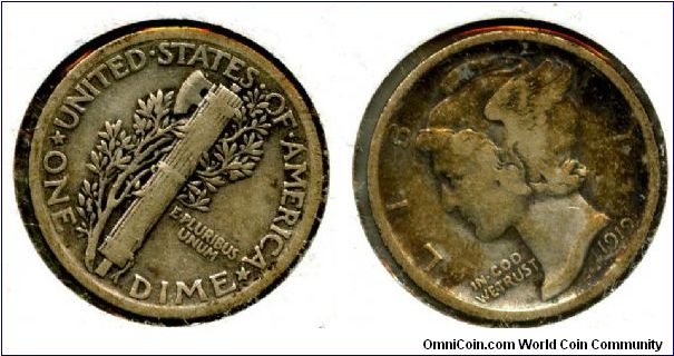 1919
1 Dime
Fasces entwined with olive branch
Liberty wearing a winged pileum  (Mercury)