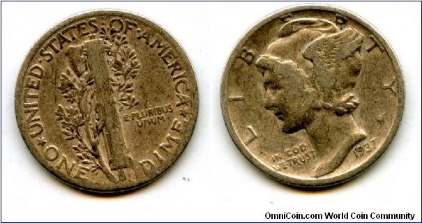 1937
1 Dime
Fasces entwined with olive branch
Liberty wearing a winged pileum  (Mercury)