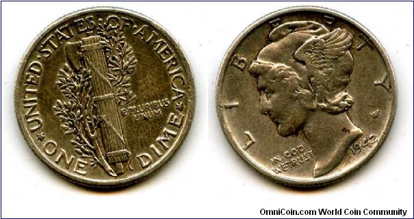 1942
1 Dime
Fasces entwined with olive branch
Liberty wearing a winged pileum  (Mercury)