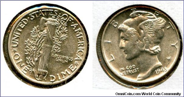 1943
1 Dime
Fasces entwined with olive branch
Liberty wearing a winged pileum  (Mercury)