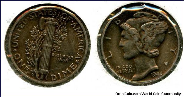 1944s
1 Dime Nob tail s
Fasces entwined with olive branch
Liberty wearing a winged pileum  (Mercury)