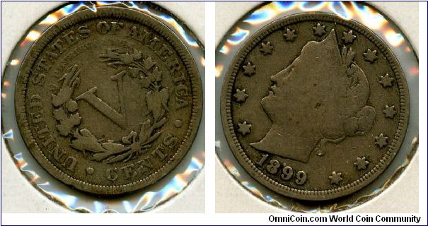 1899
5 Cents
V in wreath
Liberty head