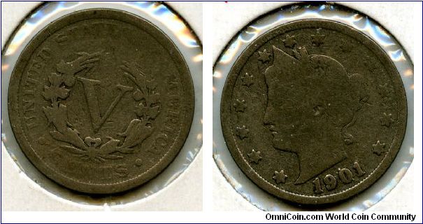 1901
5 Cents
V in wreath
Liberty head