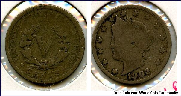 1902
5 Cents
V in wreath
Liberty head
