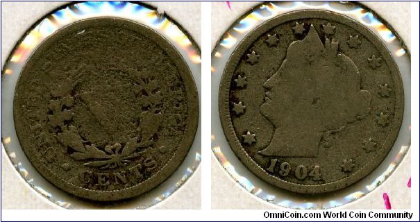 1904
5 Cents
V in wreath
Liberty head