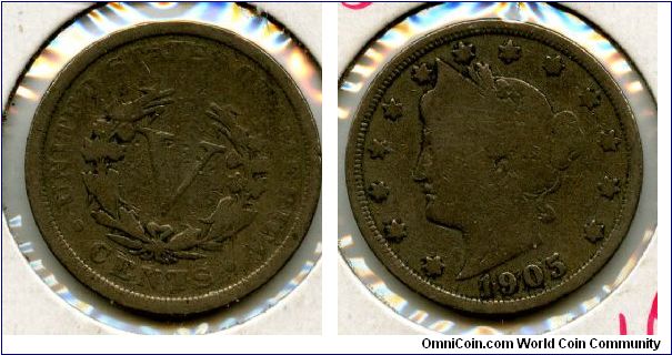 1905
5 Cents
V in wreath
Liberty head