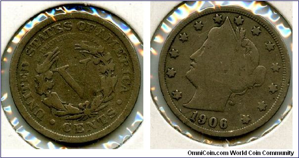 1906
5 Cents
V in wreath
Liberty head