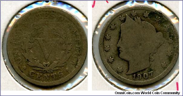 1907
5 Cents
V in wreath
Liberty head