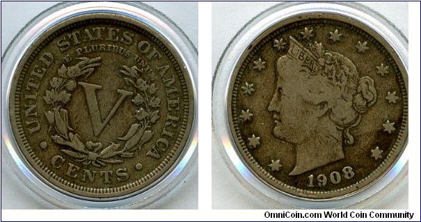 1908
5 Cents
V in wreath
Liberty head