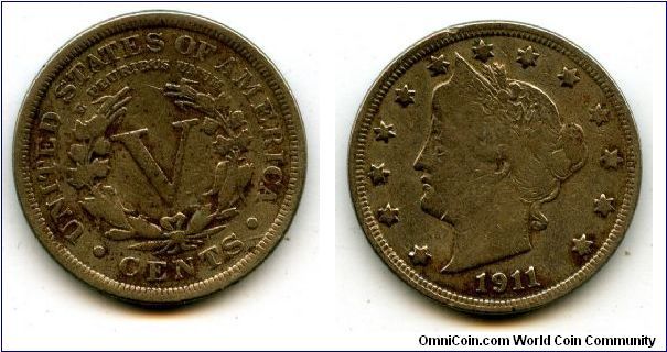 1911	
5 Cents
V in wreath
Liberty head