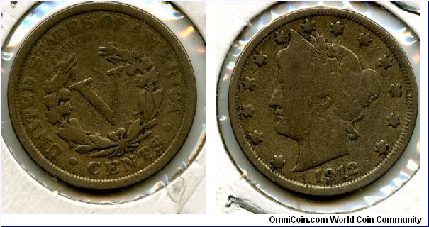 1912
5 Cents
V in wreath
Liberty head