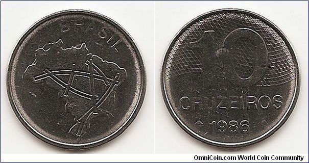 10 Cruzeiros
KM#592.2
5.0000 g., Stainless Steel, 23.9 mm. Obv: Map of Brazil Rev:
Value, date, linear design Note: Reduced weight.