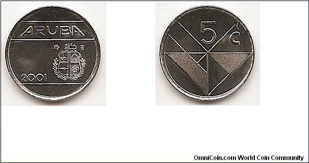 5 Cents
KM#1
2.0000 g., Nickel Bonded Steel, 16 mm. Ruler: Beatrix 1980- Obv:
National arms Rev: Geometric design with value Edge: Plain