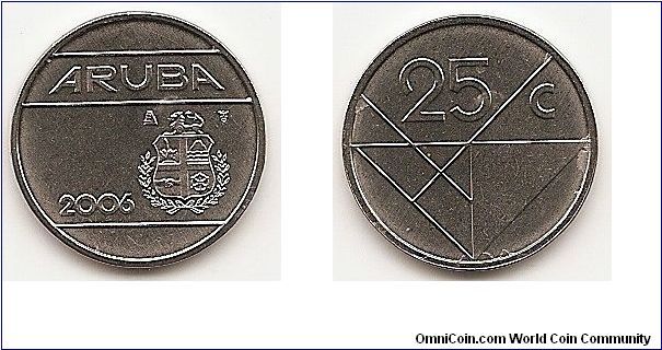 25 Cents
KM#3
3.5000 g., Nickel Bonded Steel, 20 mm. Ruler: Beatrix 1980- Obv:
National arms Rev: Geometric design with value Edge: Plain