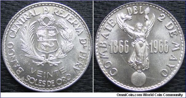 20 soles. 100th year Peru-Spain Battle. Ag900