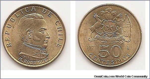 50 Centesimos
KM#196
Aluminum-Bronze Obv: Bust of Manuel Rodriguez right Rev:
Arms above denomination, date at left