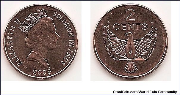2 Cents
KM#25
Bronze Plated Steel, 21.6 mm. Ruler: Elizabeth II Obv:
Crowned head right Obv. Legend: ELIZABETH II - SOLOMON
ISLANDS Rev: Eagle spirit below value Edge: Plain