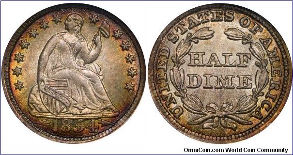 1854 SEATED LIBERTY HALF DIME (Arrows at Date, Reverse Legend).  A wonderfully original Gem displaying full satiny mint luster.  Both the obverse and reverse boast attractive multi-color toning at the peripheries framing virtually untoned centers.  The Arrows At Date is a  short lived type spanning only 3 years.   Reverse die clashes abound, the highlight being the oultine of the shield, which can clearly be seen behind and below the ME in Dime.