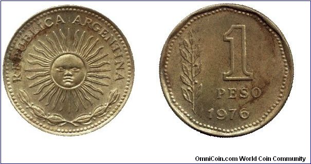 Argentina, 1 peso, 1976, Al-Brass, Sun.                                                                                                                                                                                                                                                                                                                                                                                                                                                                             