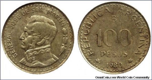 Argentina, 100 pesos, 1980, Al-Bronze, General Jose de San Martin.                                                                                                                                                                                                                                                                                                                                                                                                                                                  