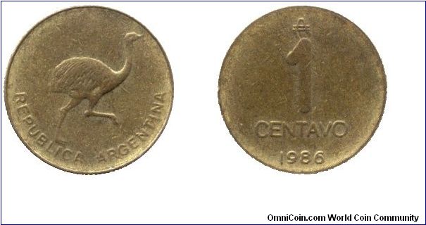 Argentina, 1 centavo, 1986, Brass, Nandu.                                                                                                                                                                                                                                                                                                                                                                                                                                                                           