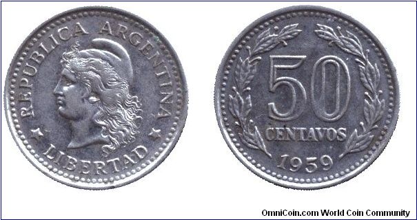 Argentina, 50 centavos, 1959, Ni-Steel, Libertad.                                                                                                                                                                                                                                                                                                                                                                                                                                                                   