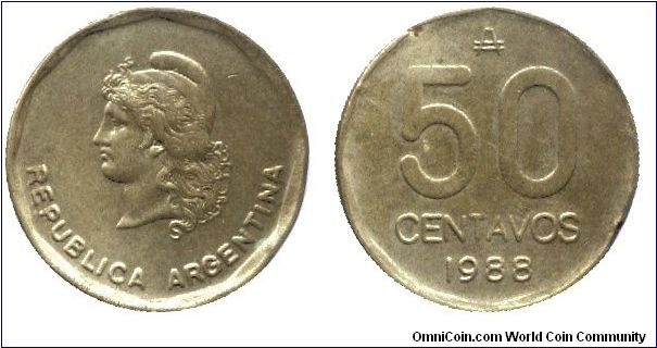 Argentina, 50 centavos, 1988, Brass, Libertad.                                                                                                                                                                                                                                                                                                                                                                                                                                                                      