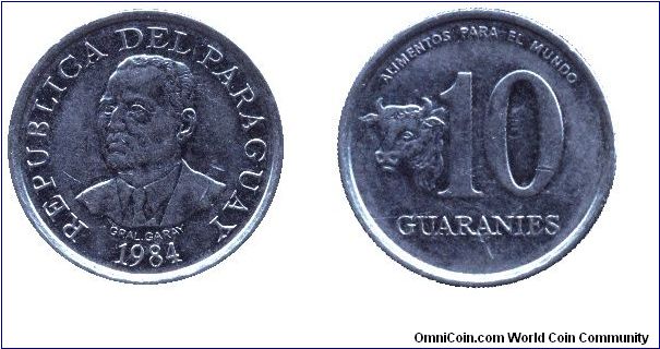 Paraguay, 10 guaranies, 1984, Steel, FAO issue, Head of Cow, Alimentos para el Mundo, Gral Garay.                                                                                                                                                                                                                                                                                                                                                                                                                   