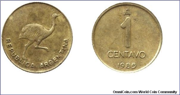 Argentina, 1 centavo, 1985, Brass, Nandu.                                                                                                                                                                                                                                                                                                                                                                                                                                                                           