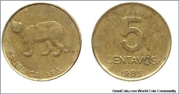 Argentina, 5 centavos, 1985, Brass, Puma, thick.                                                                                                                                                                                                                                                                                                                                                                                                                                                                    