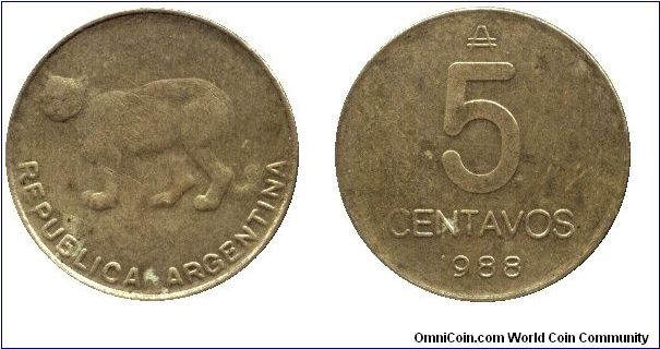 Argentina, 5 centavos, 1988, Brass, Puma, thin.                                                                                                                                                                                                                                                                                                                                                                                                                                                                     