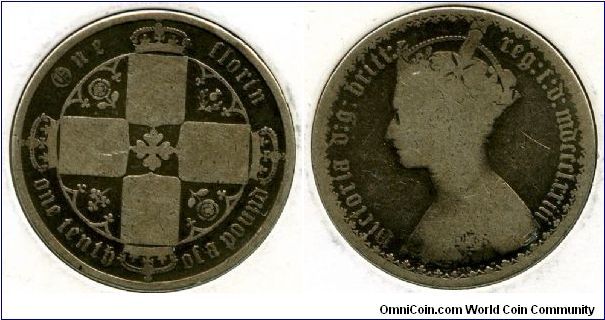 1873
Florin
Cruciform shilds, rose in the centre, rose, thistle, rose, shamrock between shields
Queen Victoria Gothic Head