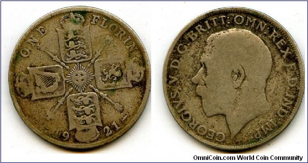 1921
Florin
Cruciform shilds, Star in the centre, Scepters between shields
King George V