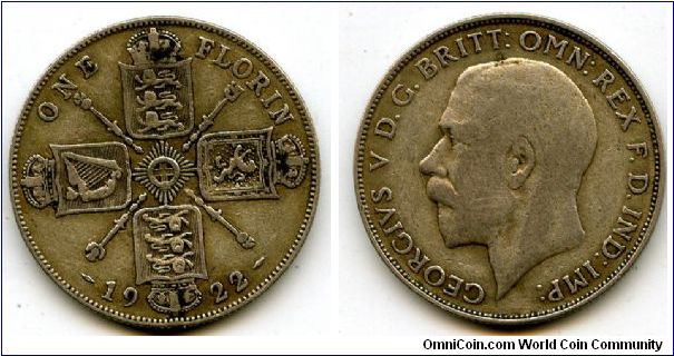 1922
Florin
Cruciform shilds, Star in the centre, Scepters between shields
King George V