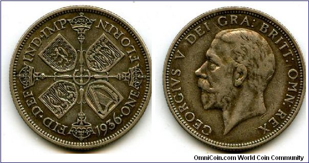 1936
Florin
Cruciform shilds, Ring in the centre, Scepters between shields
King George V