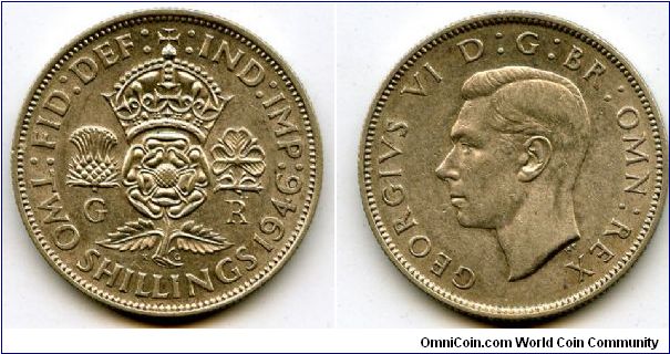 1946
2/-  Two Shillings
Crowned Rose, flanked by a Thistle & a Shamrock
King George VI