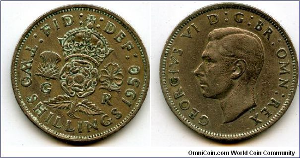 1950
2/-  Two Shillings
Crowned Rose, flanked by a Thistle & a Shamrock
King George VI