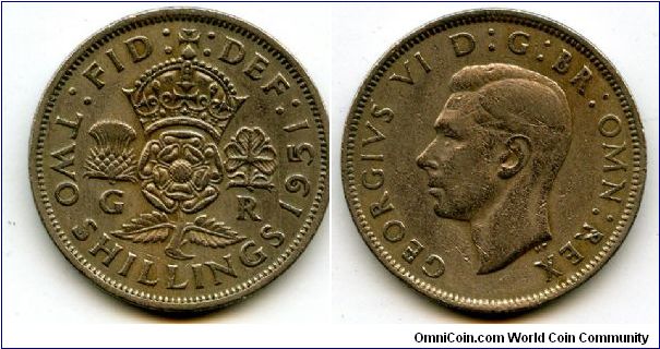 1951
2/-  Two Shillings
Crowned Rose, flanked by a Thistle & a Shamrock
King George VI