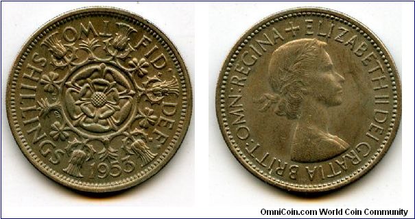 1953
2/-  Two Shillings
Double Rose, surounded by Thistle's, Shamrock's & Leeks
Queen Elizabeth II