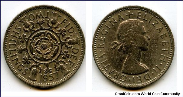 1957
2/-  Two Shillings
Double Rose, surounded by Thistle's, Shamrock's & Leeks
Queen Elizabeth II