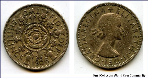 1958
2/-  Two Shillings
Double Rose, surounded by Thistle's, Shamrock's & Leeks
Queen Elizabeth II