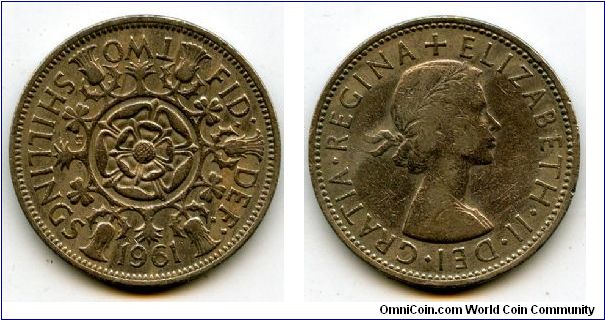 1961
2/-  Two Shillings
Double Rose, surounded by Thistle's, Shamrock's & Leeks
Queen Elizabeth II