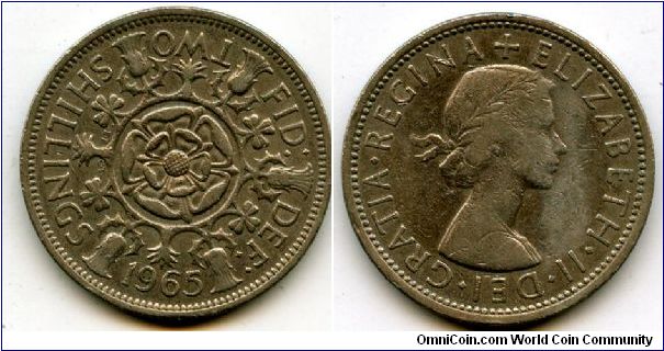 1965
2/-  Two Shillings
Double Rose, surounded by Thistle's, Shamrock's & Leeks
Queen Elizabeth II
