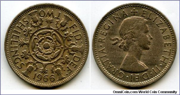 1966
2/-  Two Shillings
Double Rose, surounded by Thistle's, Shamrock's & Leeks
Queen Elizabeth II