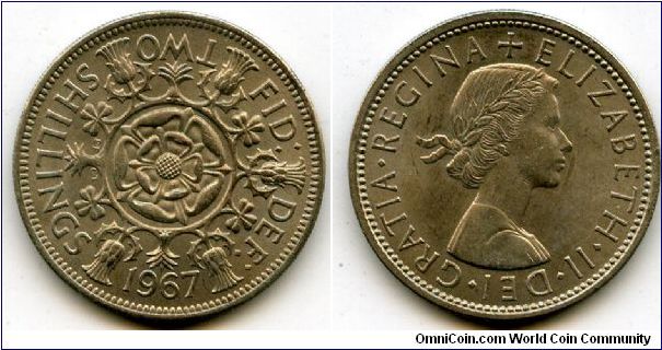 1967
2/-  Two Shillings
Double Rose, surounded by Thistle's, Shamrock's & Leeks
Queen Elizabeth II