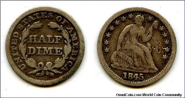 1845
Half Dime
Value in wreath
Seated Liberty