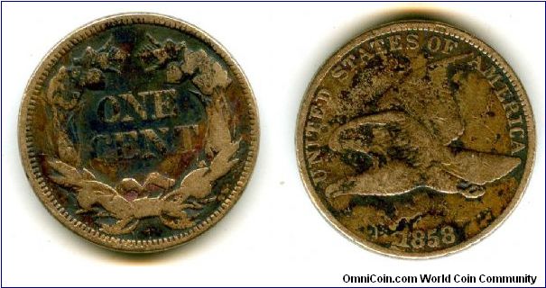 1858
One Cent Large letters
Value in wreath
Flying eagle

Picture lightend